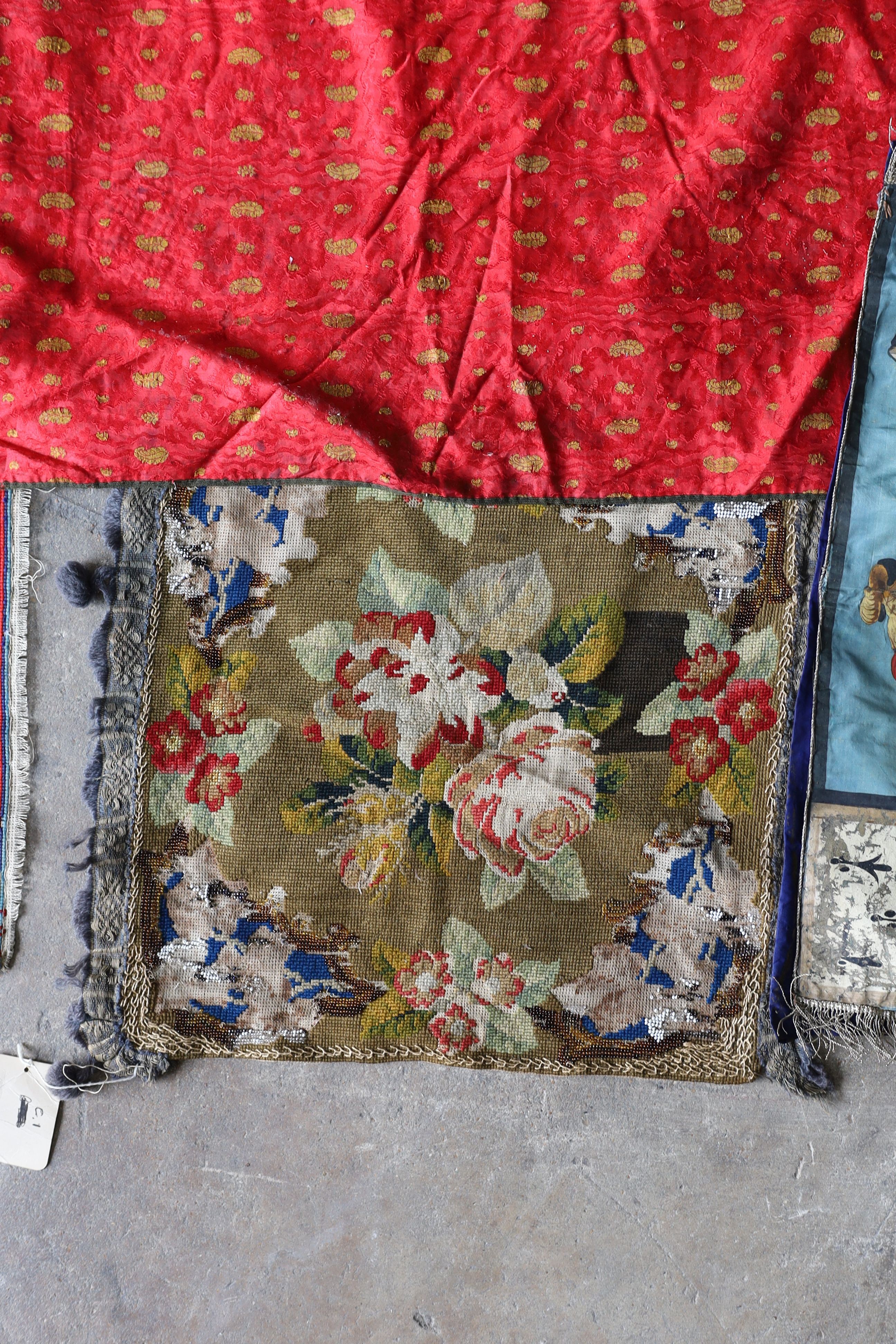 An Ottoman silk Koran cloth, three needle and bead work covers and assorted textiles